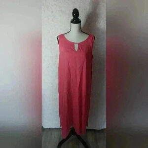 For Cynthia Sleeveless Blend Hi-lo Mesh Hem Linen Dress Coral Size  L
